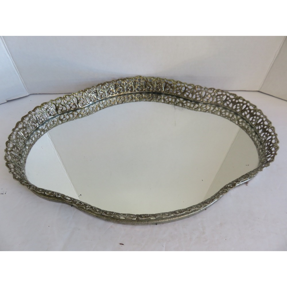 Vintage Hollywood Regency Oval Mirrored Vanity Tray Filigree Pierced Metal 16"